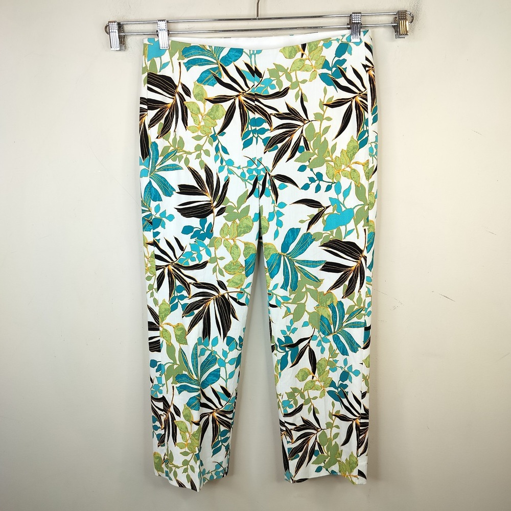 Chico's Ankle Pant Tropical Leaf Print Size 8 (1) Floral White Teal Green